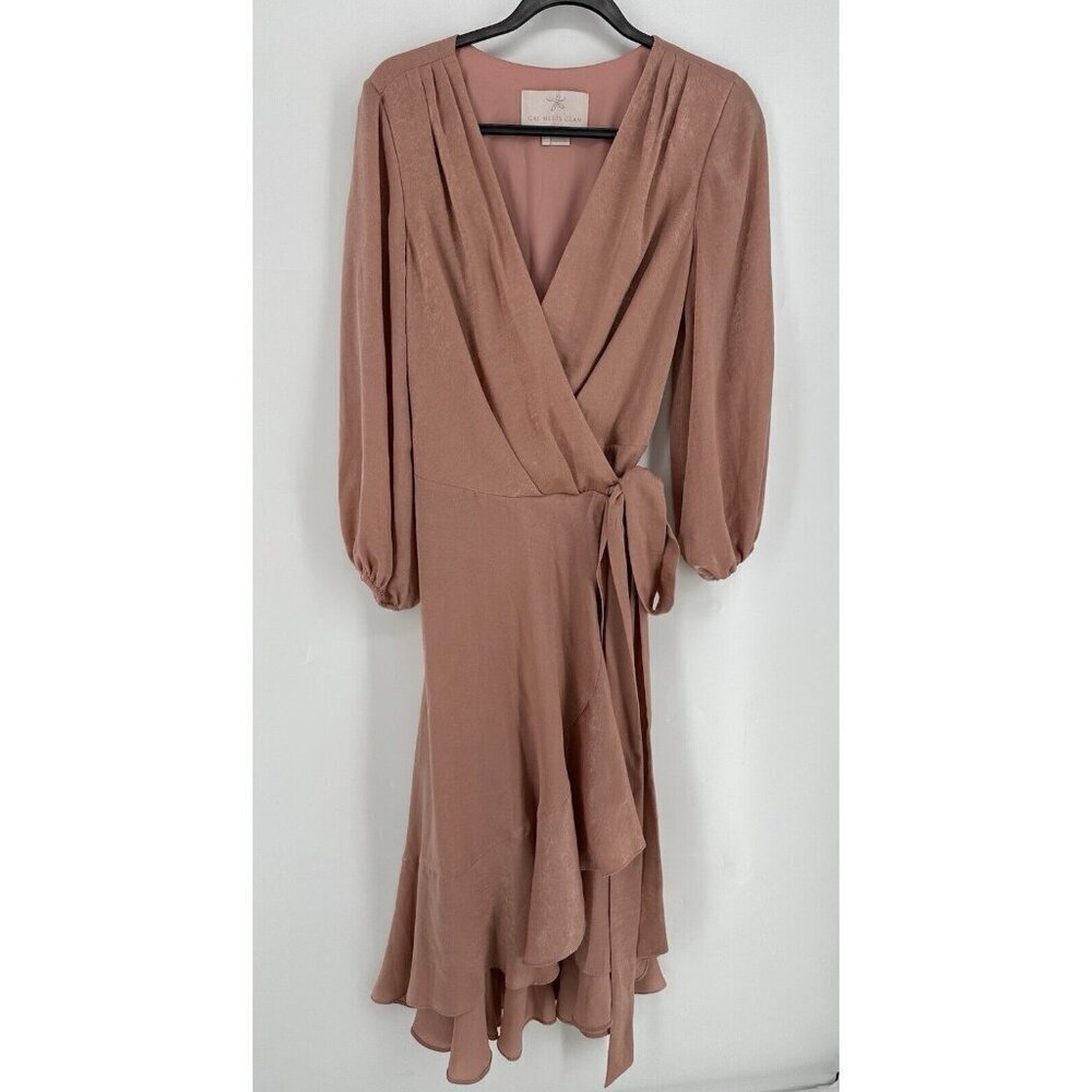 Gal Meets Glam Jennifer Shimmer Satin Ruffle Wrap Dress Midi  8 EUC